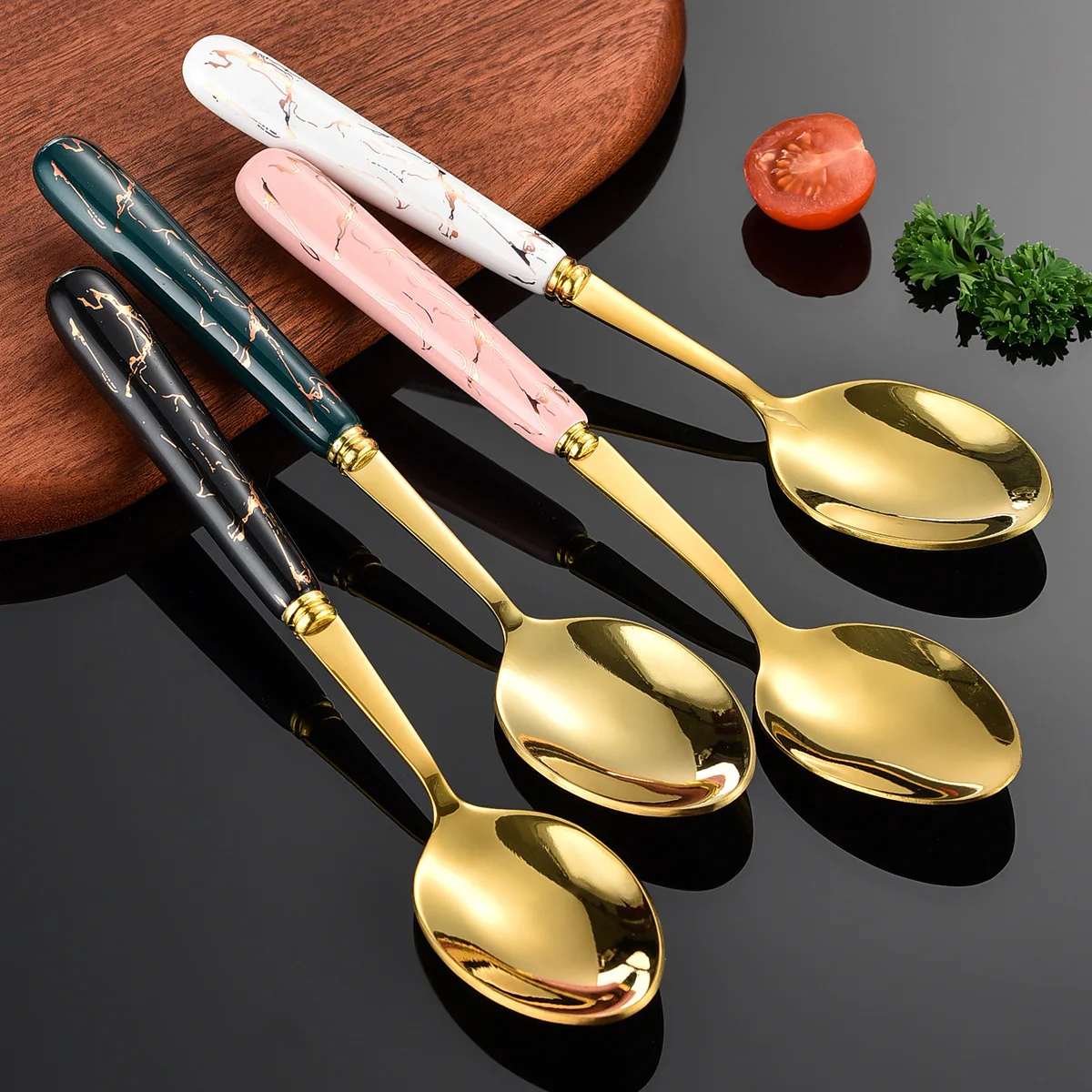 24Pcs Ceramic Handle Green Gold Dinnerware Cutlery Set Kitchen Stainless Steel Flatware Knife Fork Spoon Set Tableware Gift