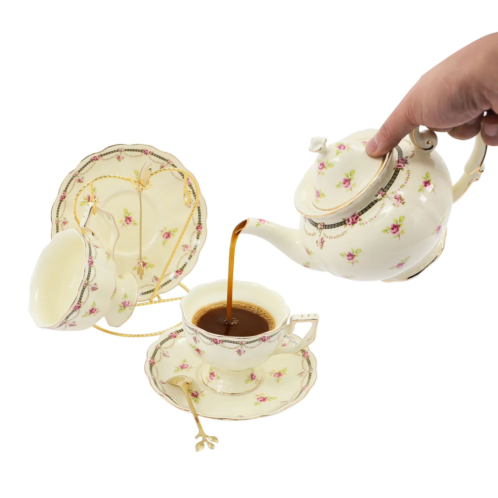 

8Pcs White Floral Porcelain Tea Set with Iron Display Stand Hand Wash Only Not Microwave Safe Decor Tableware Afternoon Tea Set