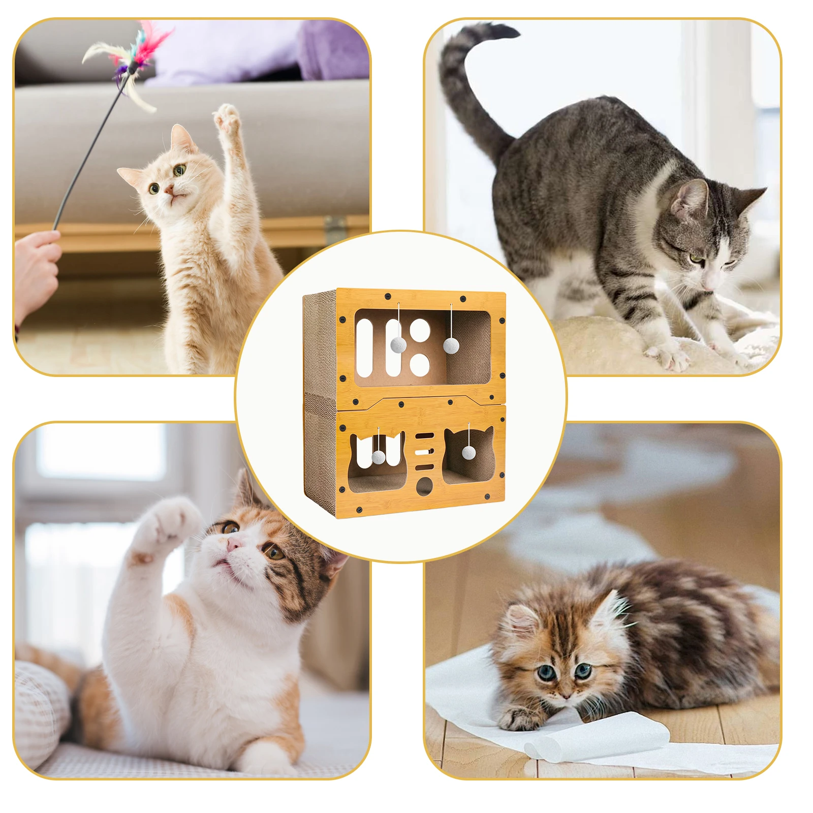 Großes Katzenhaus mit Kratzfläche, Katzen-Condo, Indoor-Katzen-Aktivitätszentrum zum Ausruhen und Spielen für Familien mit mehreren Katzen, aus Karton – Detail 7