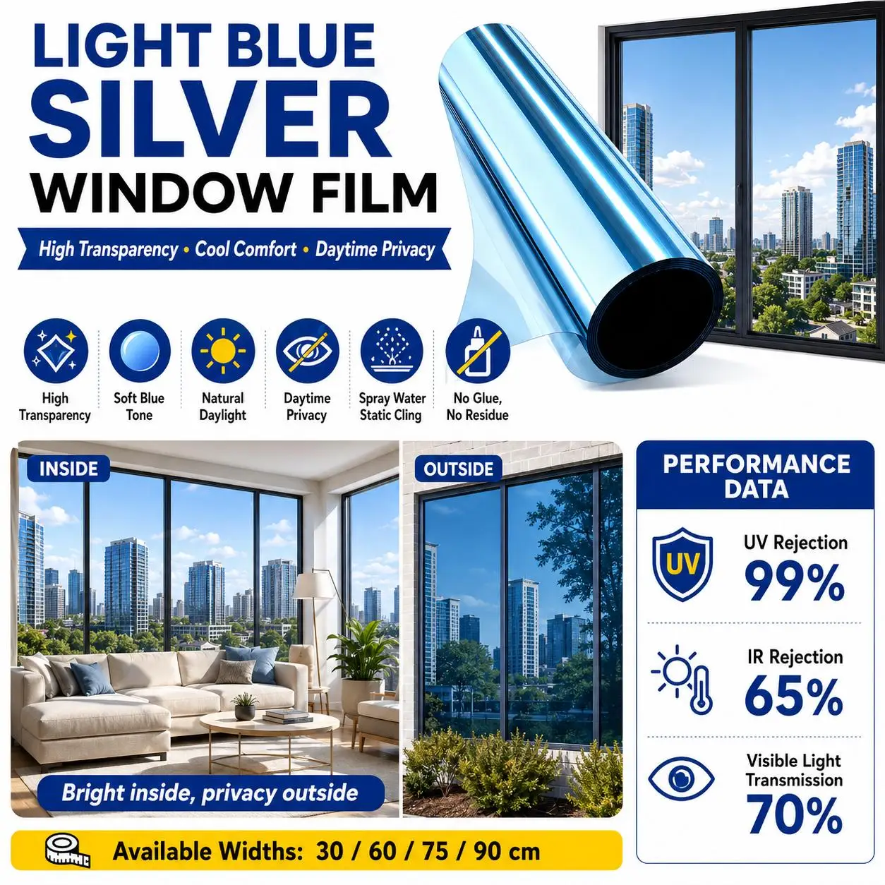 Black Silver Privacy Window Film Daytime Heat Control Anti Glare Static Cling No Glue Removable for Home Office Storefront Glass