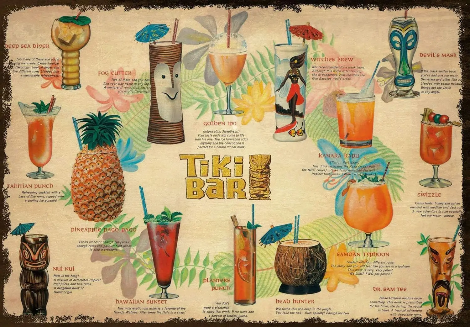 Metallschild - Tiki Bar Cocktail-Menü Aluminium Blechschild Retro Kunstdekoration