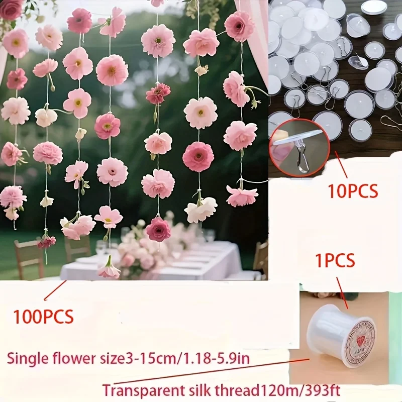 111-teiliges Set mit rosa schwebenden Blumen, künstlicher Blumenvorhang im Bohème-Stil, enthält 100 künstliche Blumen, 10 Klebehaken, eine Rolle Angelschnur, DIY-Hängeornamente, leuchtende hängende Blumendekorationen – Detail 2