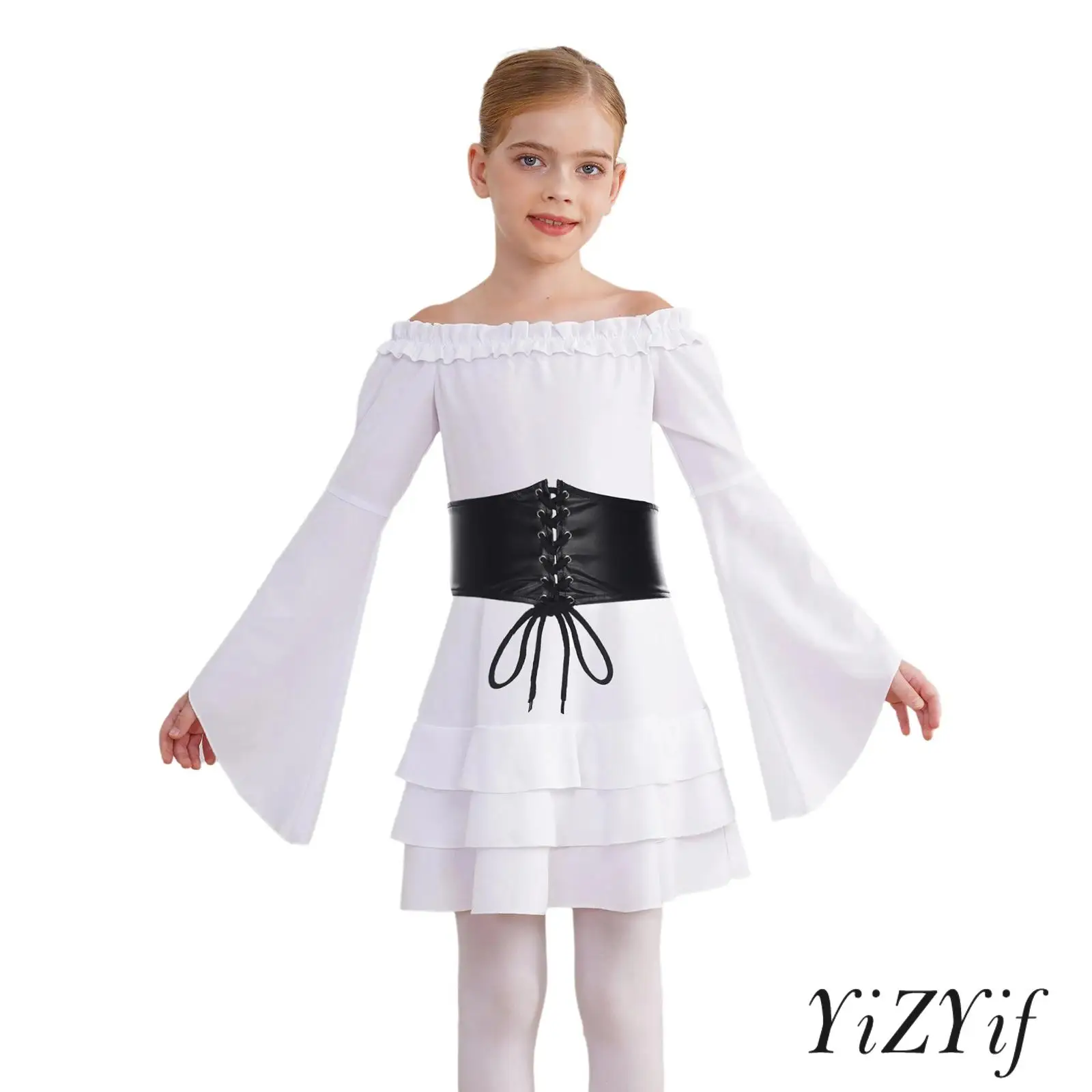 

Girls 2 Pieces Halloween Pirate Dress Up Costume Long Sleeve Tiered Ruffle Dress with PU Leather Belt Vikings Cosplay Outfit