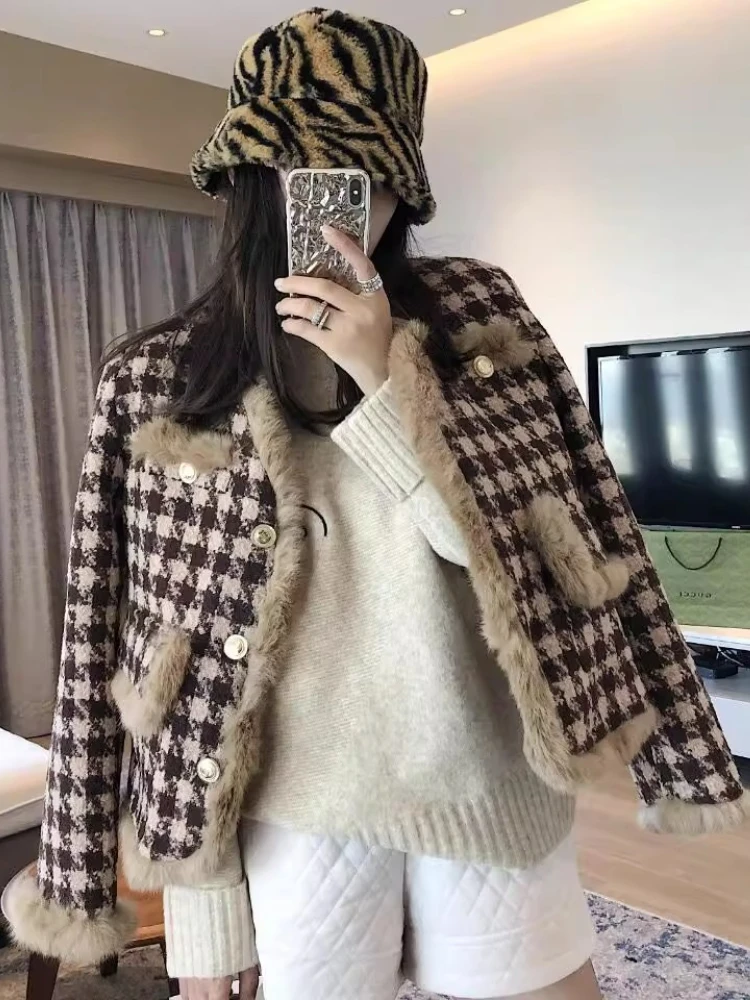

Женское шерстяное пальто с отделкой из норкового меха, зимняя клетчатая куртка, короткое пальто на флисовой подкладке, французская элегантность, верхняя одежда с отделкой из натурального меха