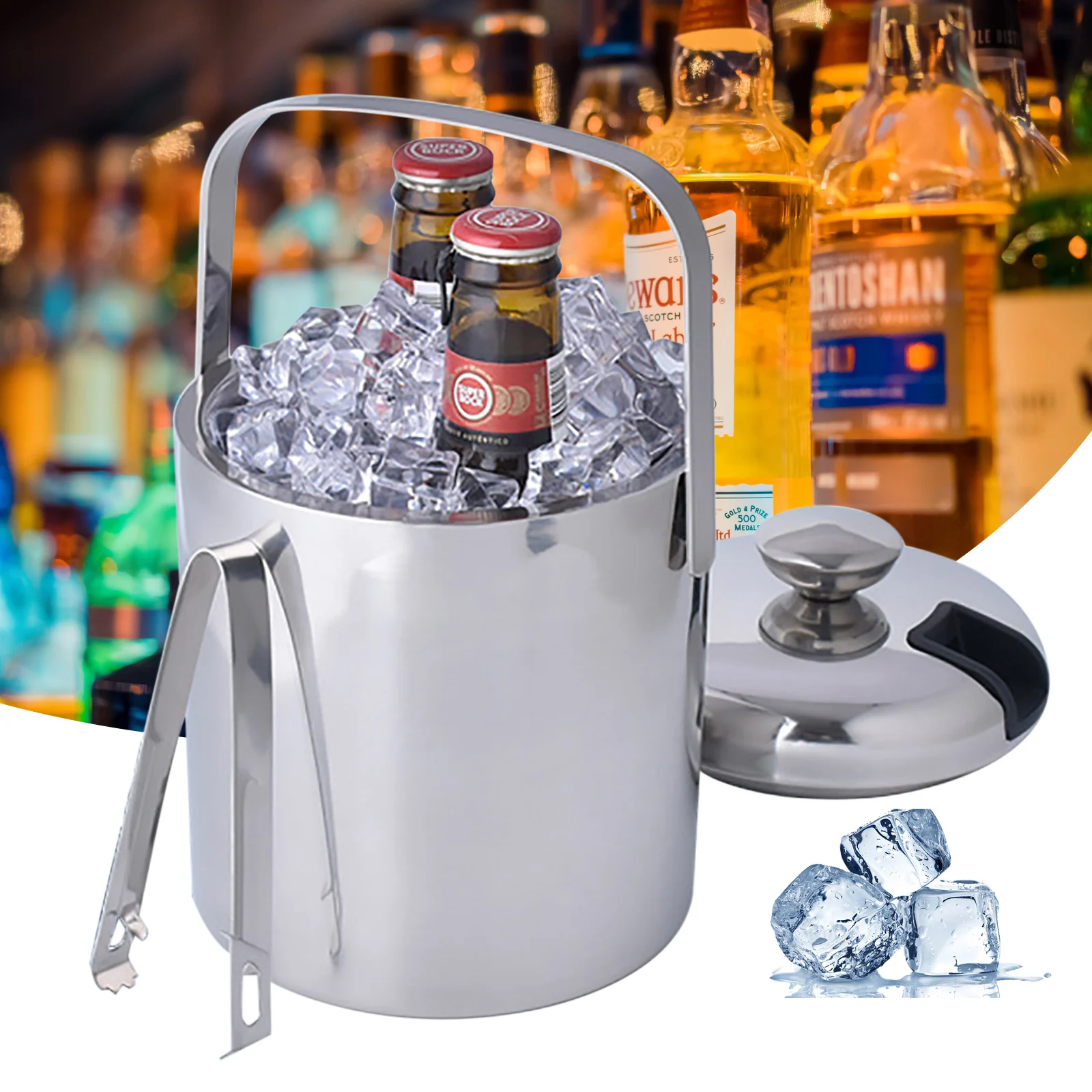 

Ice bucket Stainless Steel with Lid and Ice Tongs Ice Cooler Ice Cube Container 1.3L Stainless Steel with Ice Tongs