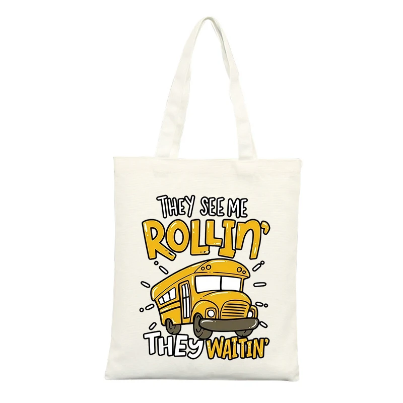 Canvas Tote Bag with School Bus Graphic and Slogan-style Print, Ideal for Casual Daily Use and Shopping Outings