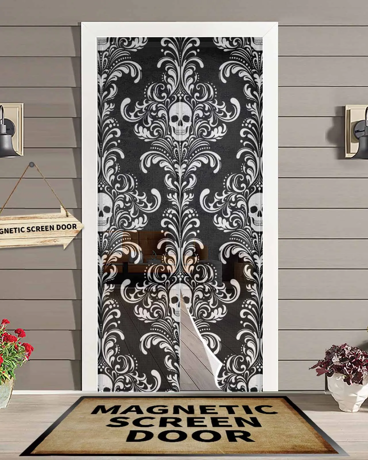 

Black Background Skull Pattern Magnetic Door Curtain Living Room Bedroom Home Anti-mosquito Screen Door Curtain