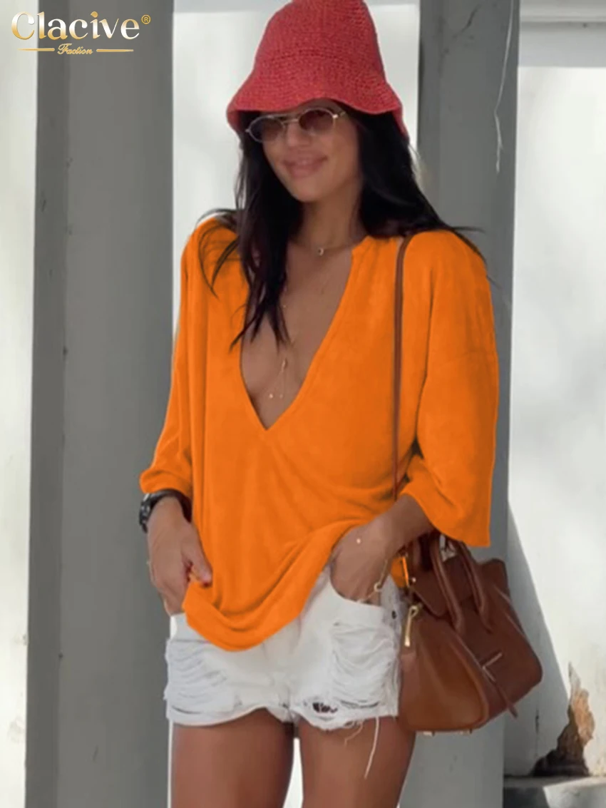Clacive Sexy Loose Orange Women's Shirt 2027 Fashion V-Neck Long Sleeve Lady Shirts Elegant Classic Solid Top Female Clothing