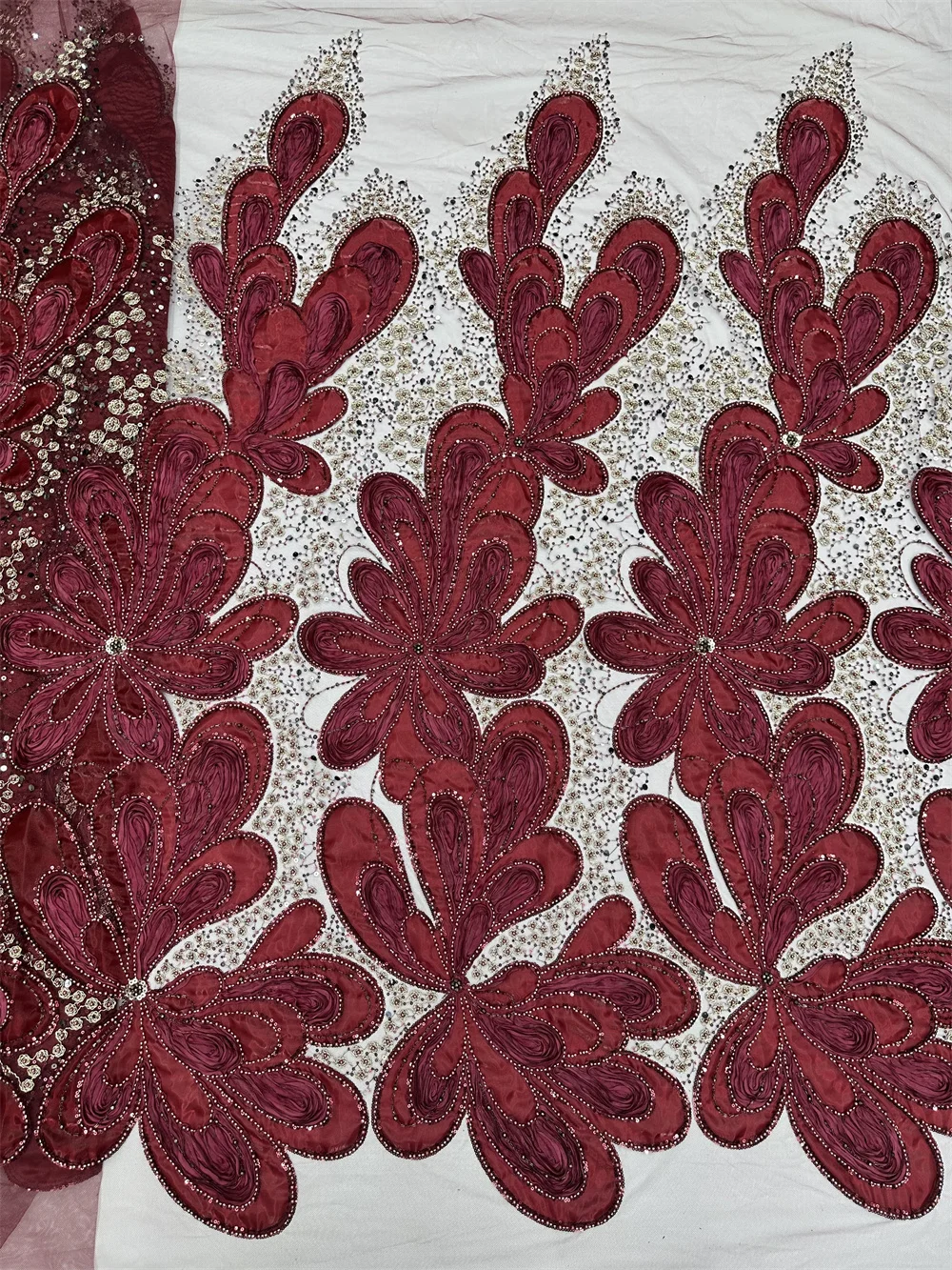

Nigerian Red Beaded Lace Fabrics African Lace Fabric 5 Yards High Quality 2026 French Mesh With Sequence For Sewing Dress Women