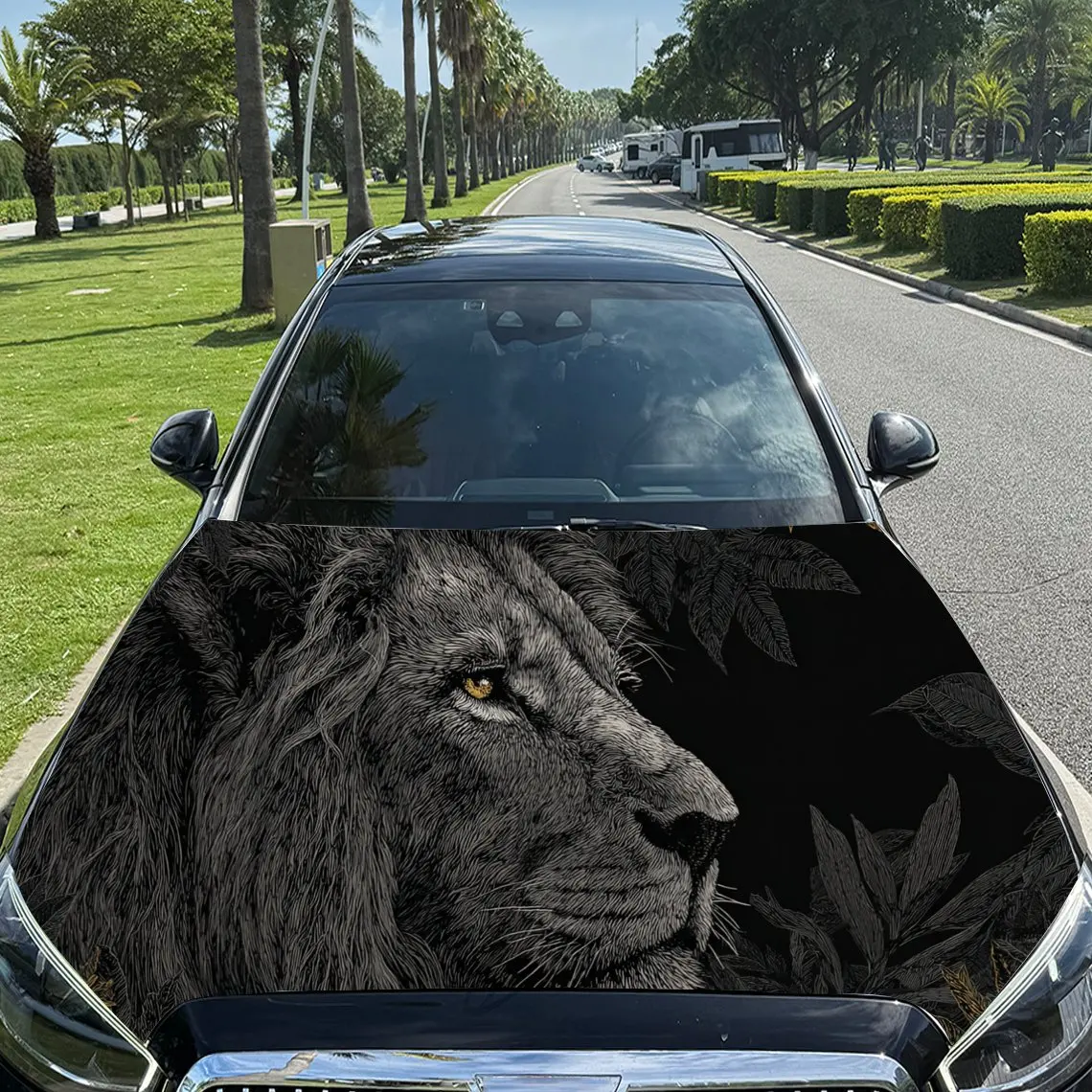 Car Decal Lion in Artistic Background with Black and Gold Textural Elements & Regal-Luxurious Visual Details Car Hood Sticker, W