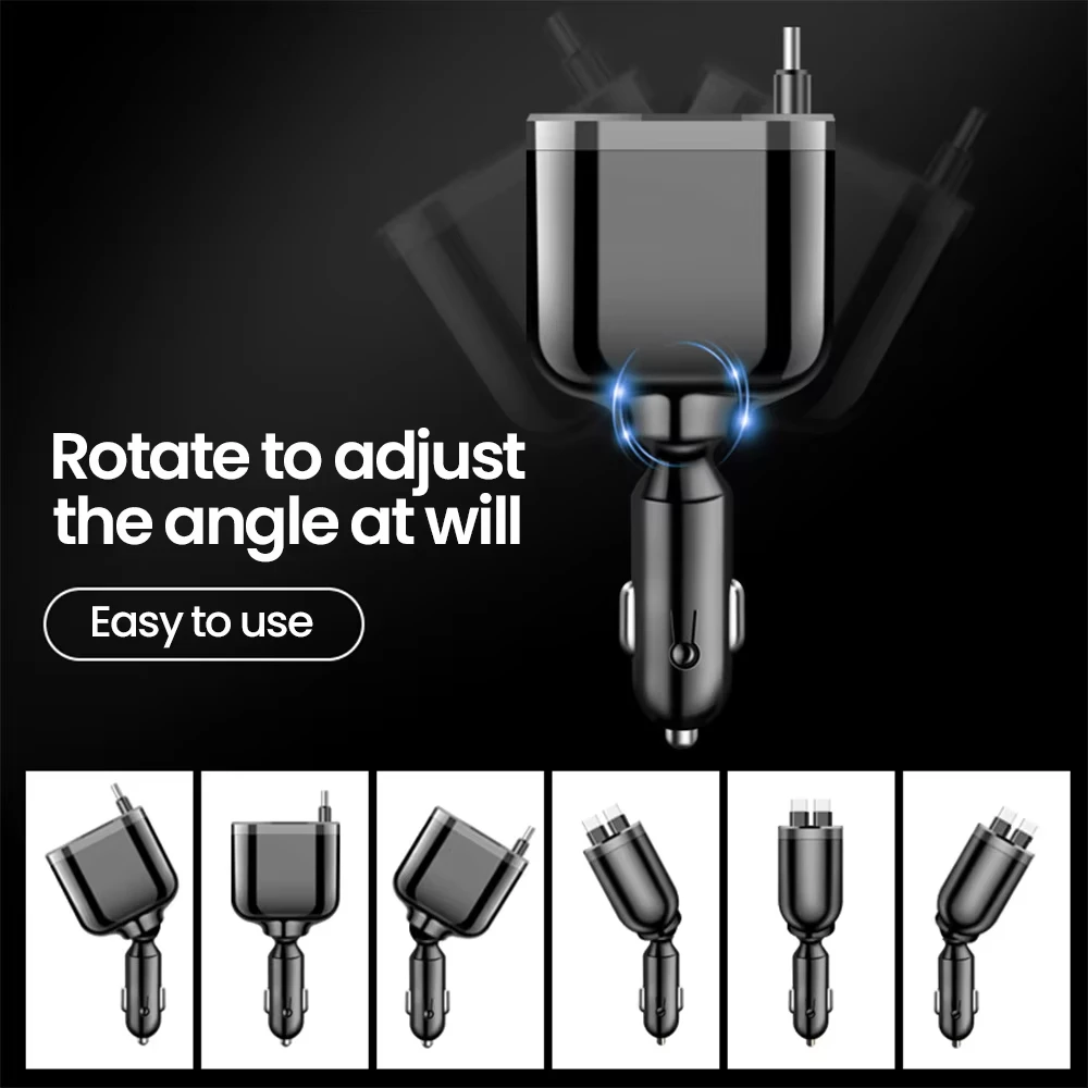 5 IN 1 Phone charger Retractable Car Adapter Charger Car Ultra Fast Charger Retractable Cable 2 Type-C Ports Car Charger Adapter