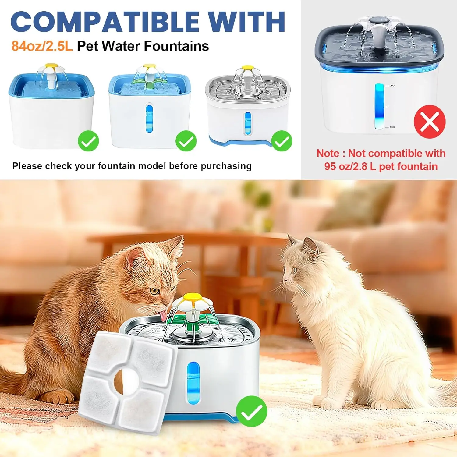 Cat Water Fountain Filter Replacement, 4/8 Pack  Filters Compatible with Square 2.5L Automatic Pet Fountain Dog Water Dispenser gallery 2