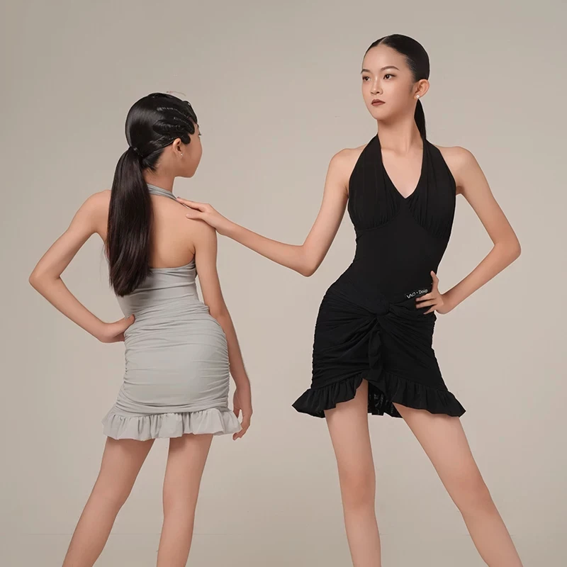 Professional Latin Dance Competition Clothing For Girls Sleeveless Halter Tops Split Skirts Suit Rumba Latin Dance Wear XH5392