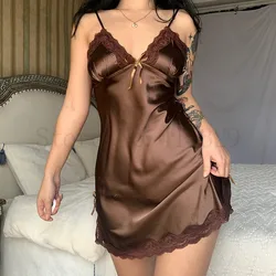 Baskı çiçek Chemise pijama gecelik kısa yaz seksi spagetti Sling gecelik saten dantel Patchwork kadın gecelik