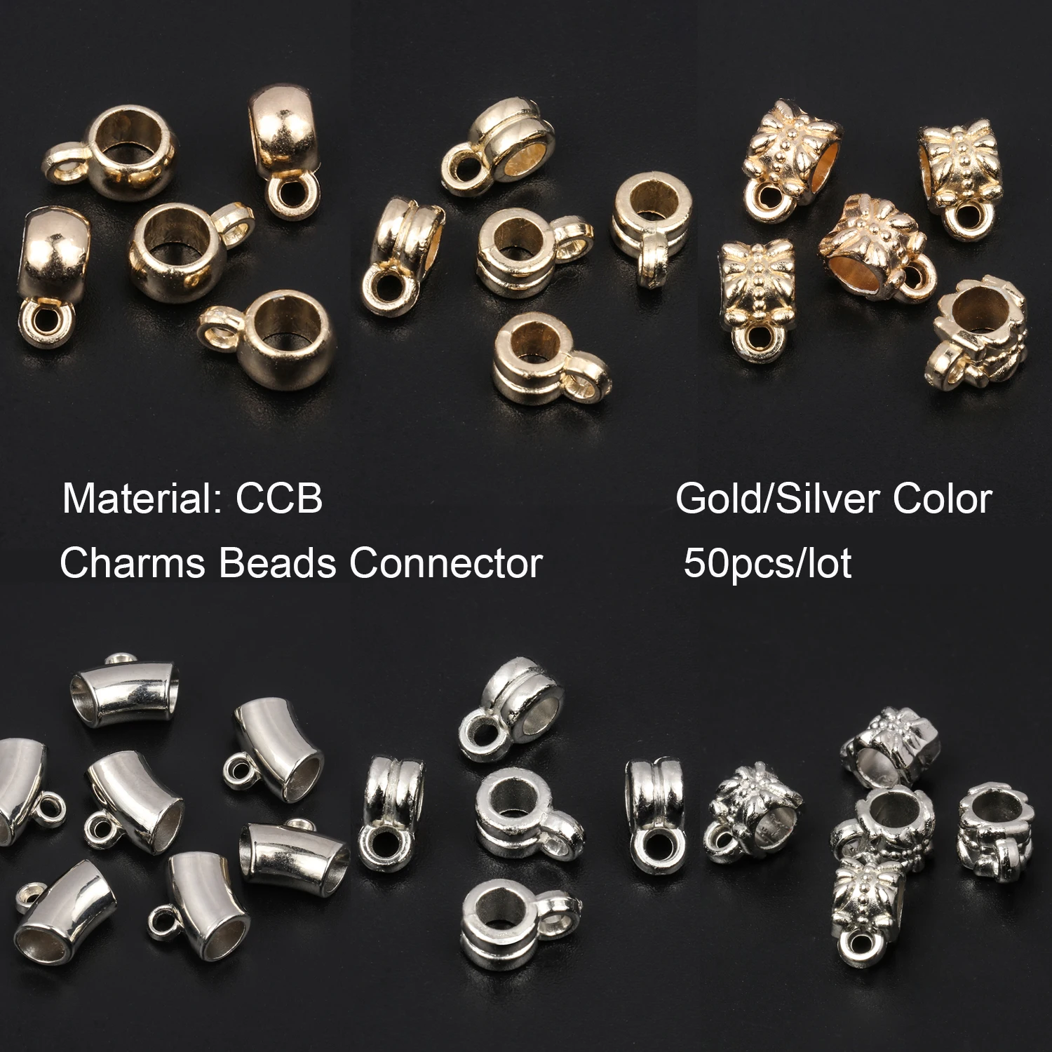 50szt Złoto Srebro Kolor CCB Bail Charms Beads Connector do tworzenia biżuterii Spacer Bail Bead Hanger Fit Charm European Bracelets