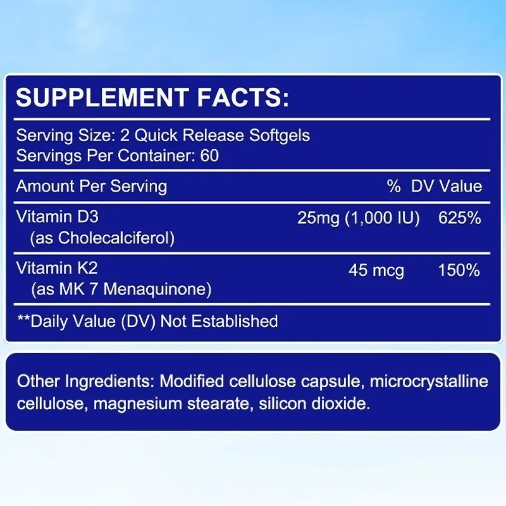 Vitamin D3 K2 1000 IU 45mcg - Maximum Strength, Supports Calcium Metabolism, Bone and Cardiovascular Health