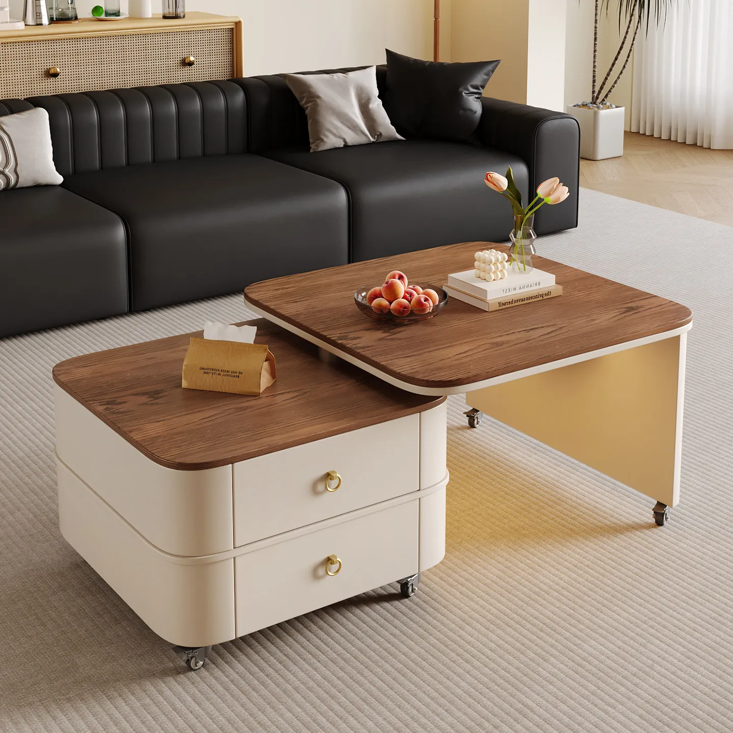 2026 Modern Luxury Cream-Style Coffee Table for Small Apartments Iron Material Rotating Movable Square Design for Living Room