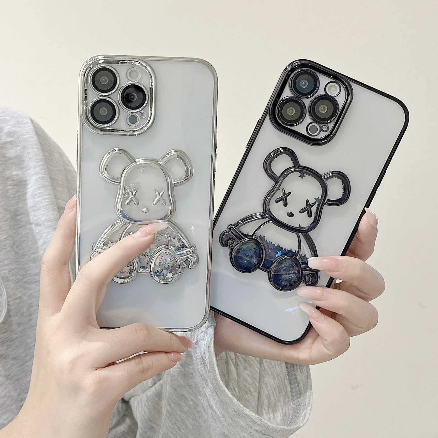 Cute Bear Glitter Quicksand Case for iPhone 11 15 14 13 Pro Max 12  Pro Max 15Pro  Plus  Max Lens Protective Film Plating Cover