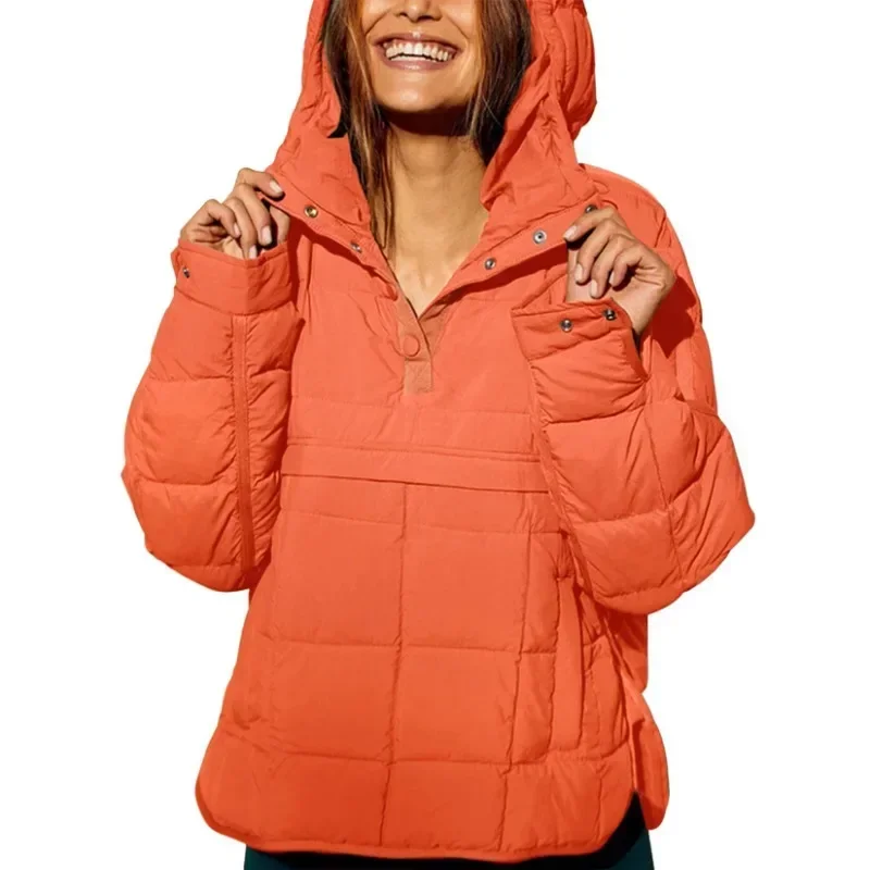 Women's Fall and Winter Solid Color Hooded Padded Jacket Foldable with Large Pockets and Long Sleeves Casual Jacket