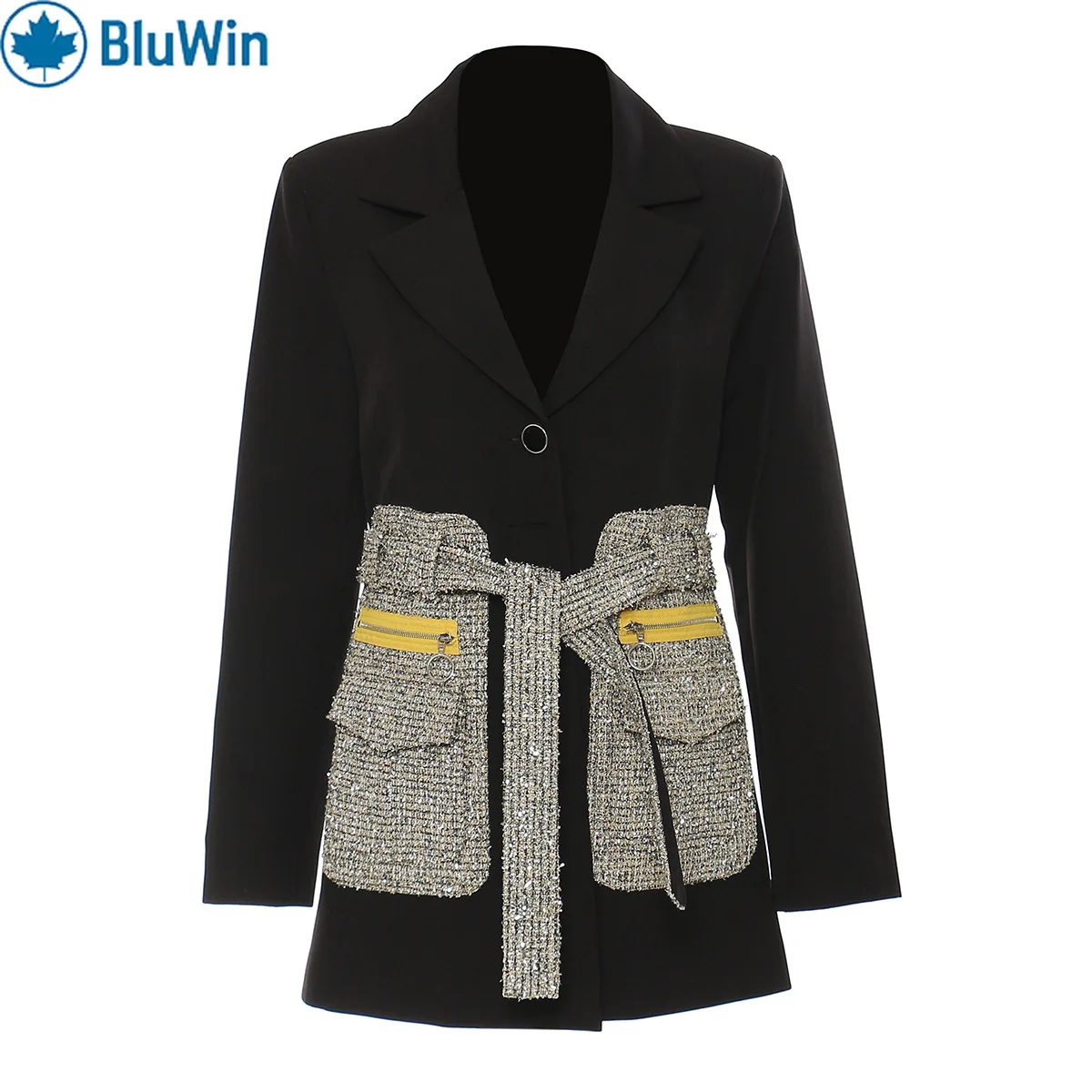 

URBANCHIC Блейзер средней длины с цветными блоками — массивный дизайнерский пиджак из специальных смешанных материалов, модный пошив для женщин