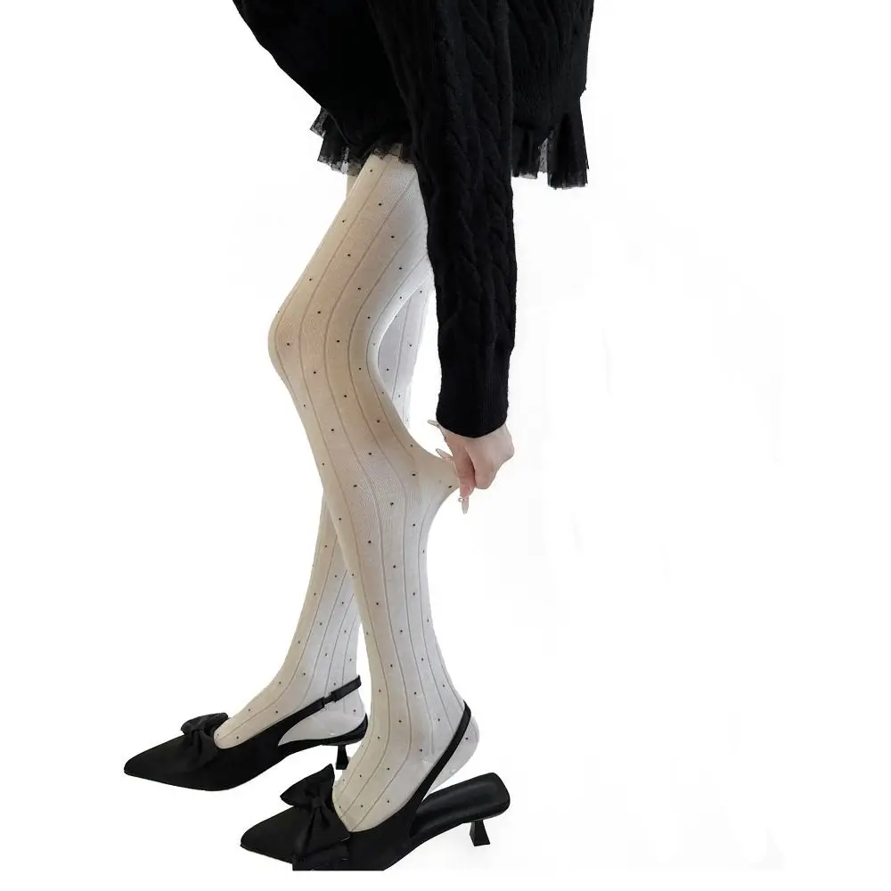 Essential Strumpfhose mit Polka-Dot-Muster, gerippte Textur, Baumwollmaterial, oberschenkelhohe Strümpfe, modische, bequeme Leggings – Detail 18