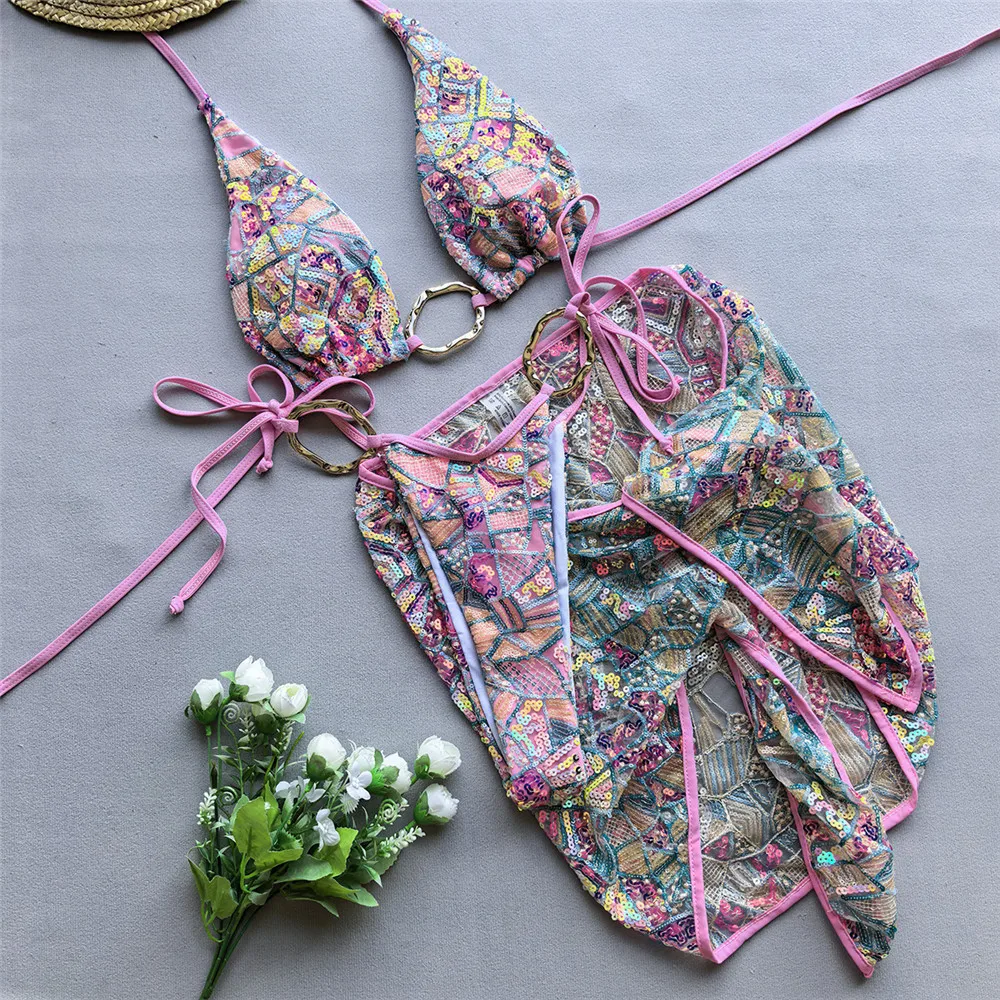 

Color Sequin Swimwear Halter String Triangle 3 Piece Bikini Set Cover Up Metal Ring Sexy Swimsuit Women 2025 Geometry Bikinis