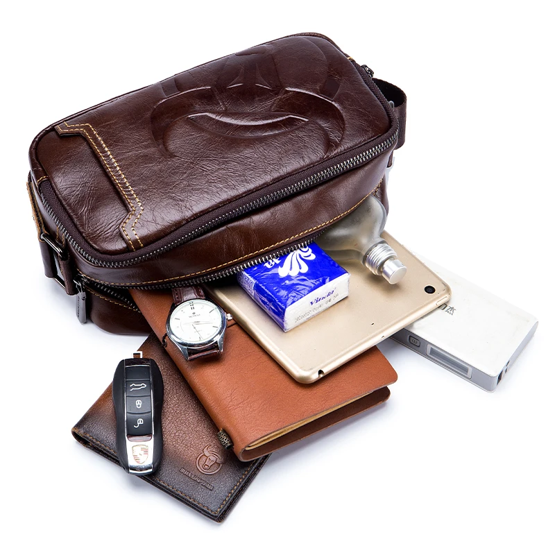 BULLCAPTAIN Cowhide Leather Sling Bag For Man Vintage Crossbody Shoulder Bag, Durable Casual Chest Bag Top Layer Cow Leather