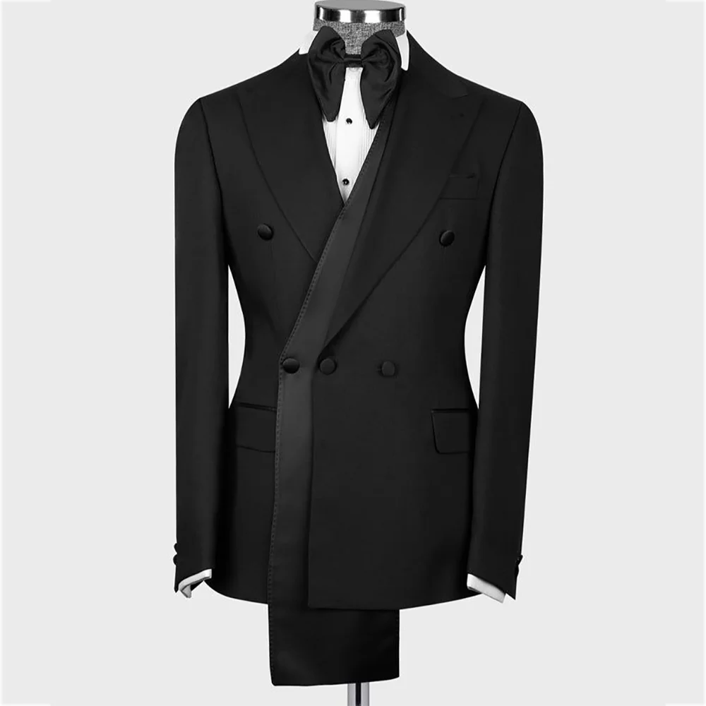 

High Quality Man Suit Two Piece Peaked Lapel Slim Fit Jacket with Black Pants Formal Outfit Business Party Groom Wedding Set