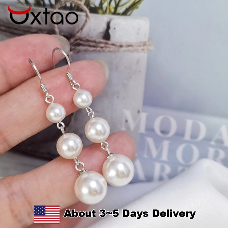 

OXTAO Long Hook Natural Pearl Earrings for Women 925 Sterling Silver Dangle Drop Earrings Luxury Wedding Party Jewelry Gift