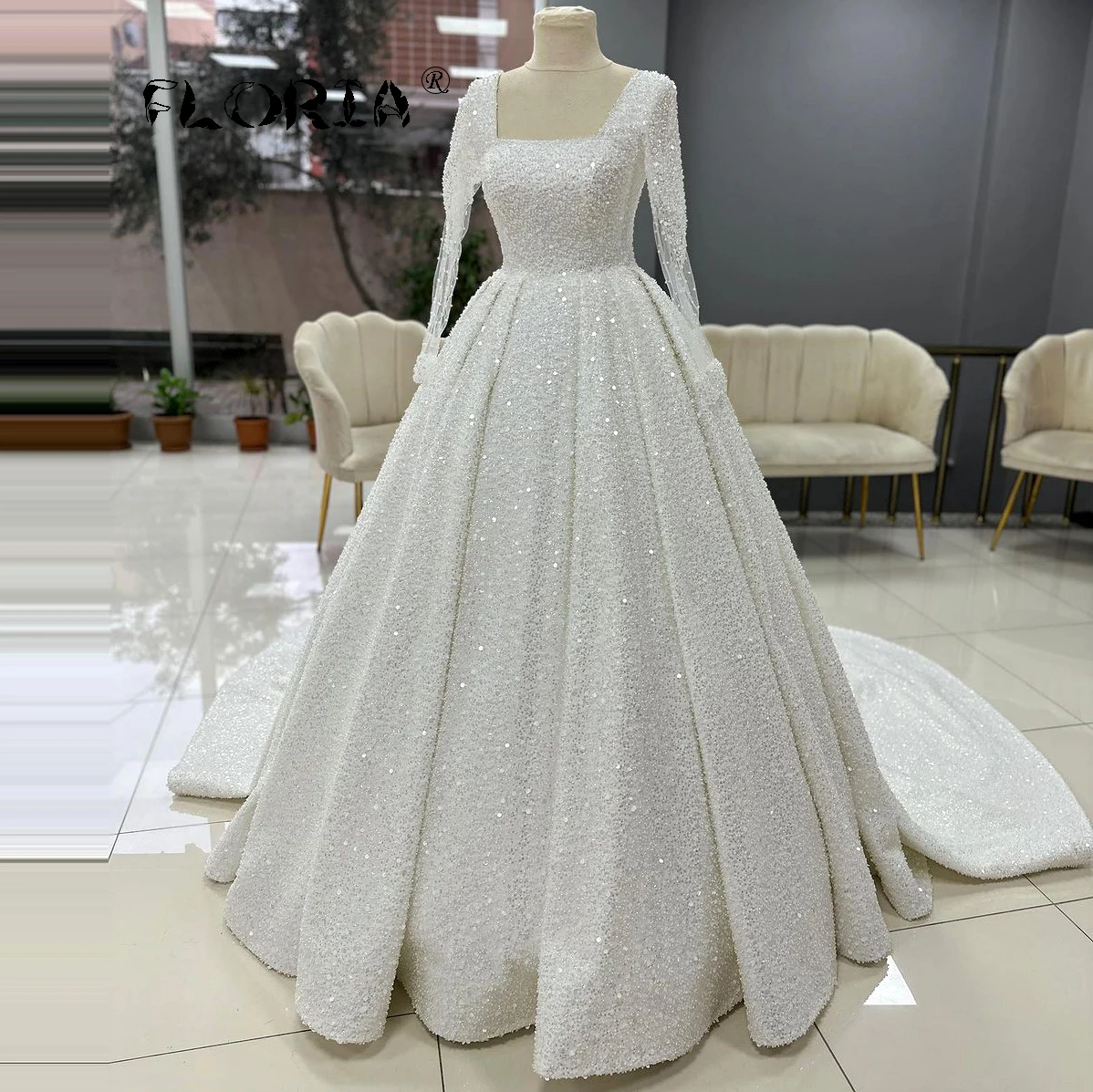 Vestidos De Novia De princesa Línea A blancos, Vestidos De Novia De manga larga con cuello cuadrado, vestido De fiesta De noche personalizado con lentejuelas 2025