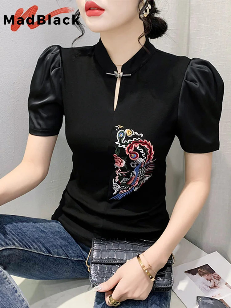 

MadBlack Summer European Clothes T-Shirt Mandarine Collar Embroidery Flower Tops Female Elegant Short Puff Sleeve Tees T34625M