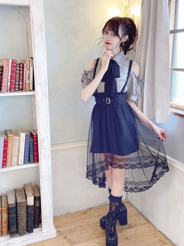 Japanese Kawaii Girl Sweet Cute Lolita Shirt Summer Y2k Aesthetic Plaid Hollow Out Blouse Tops Women JK Loose Bow Blusas Femme