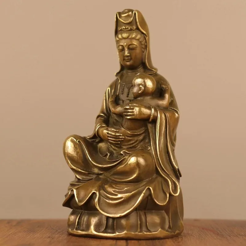 Brass Guanyin Bodhisattva statue for child blessings, home decoration, Putuo Mountain Lotus-seated Guanyin, antique-style Buddha