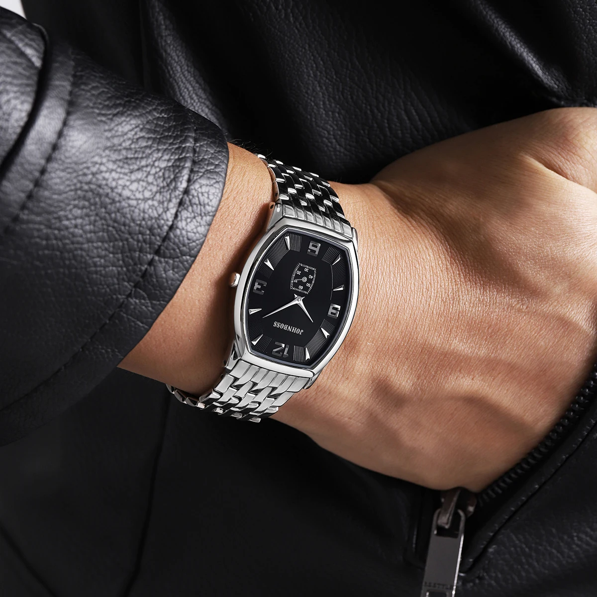 JS tonneau 6 мм часы из нержавеющей стали черные мужские швейцарские кварцевые часы с сапфировым стеклом и цифрами деловые простые деловые часы