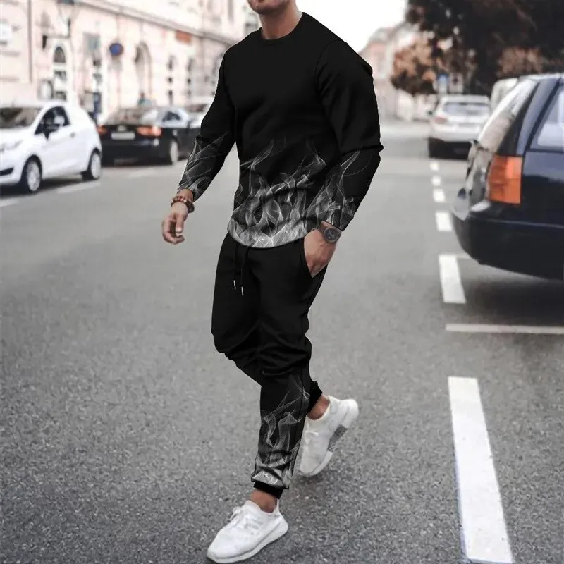 Mode 3d Farbe Flamme drucken Männer Sportswear 2 stücke Set Streetwear Langarm T-Shirt Hosen Set übergroße Pullover Mann Kleidung