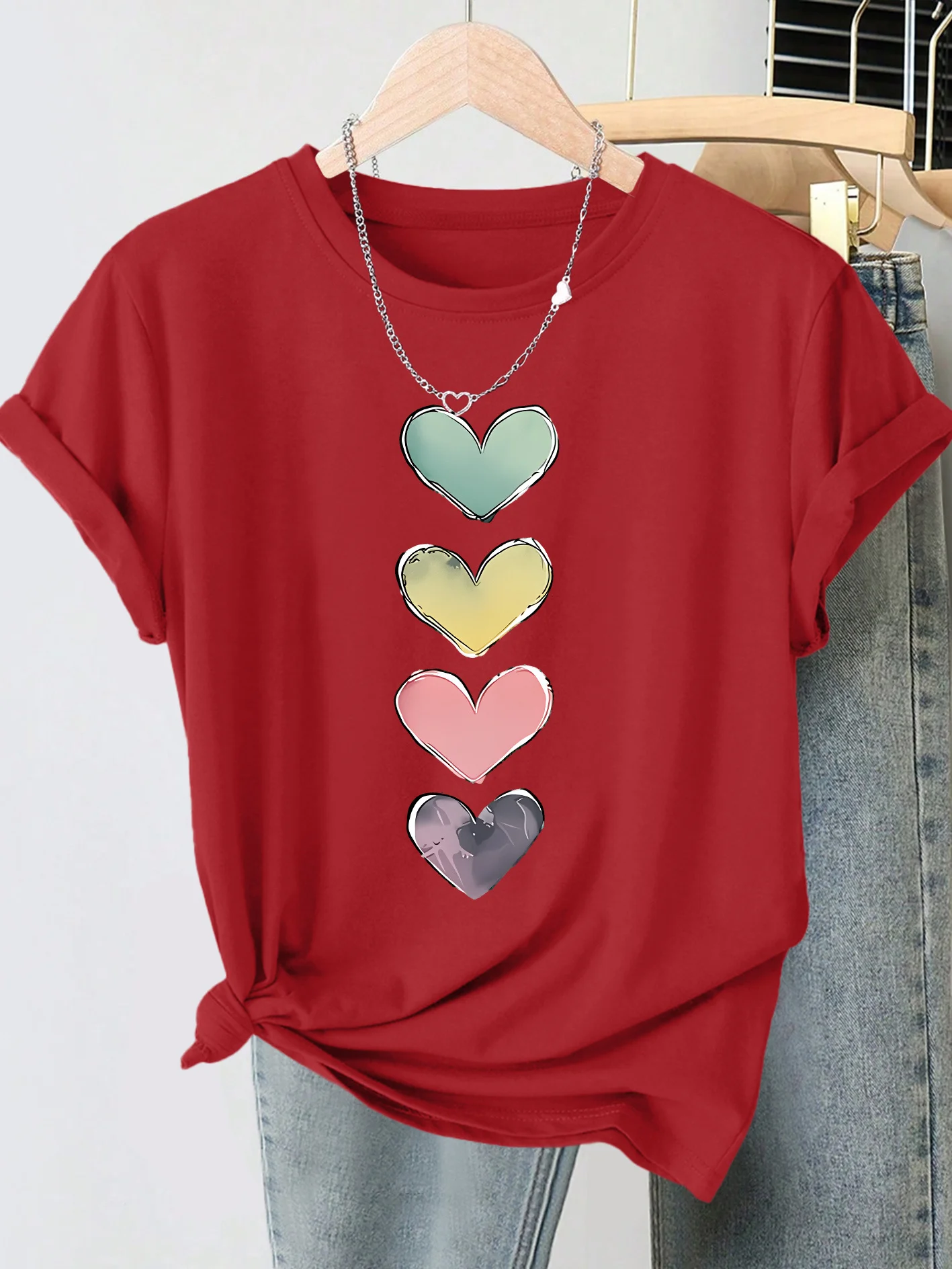 Women's Round Neck Gradient Love Print T-Shirt With Soft, Fun And Quirky Design For Summer Daily Wear | Playful Anti-Aging Top