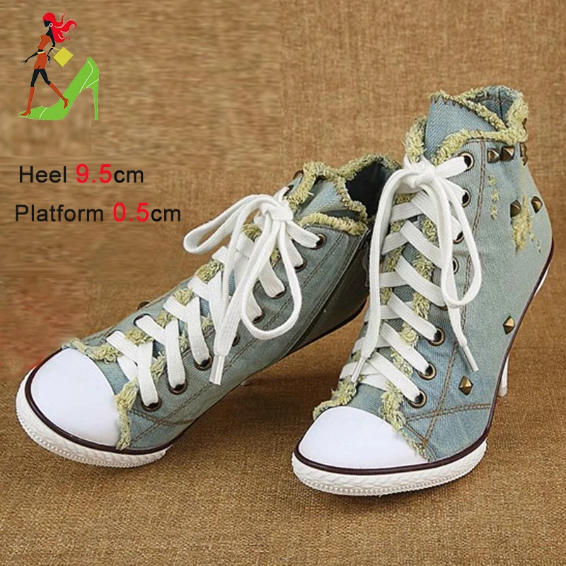 Voesnees Frauen Kurze Stiefel Denim Verzierte Ankle Booties High Heels Pumps Damen Botas Mujer Nieten Dünne High Heels Lace-up Denim schuhe 4