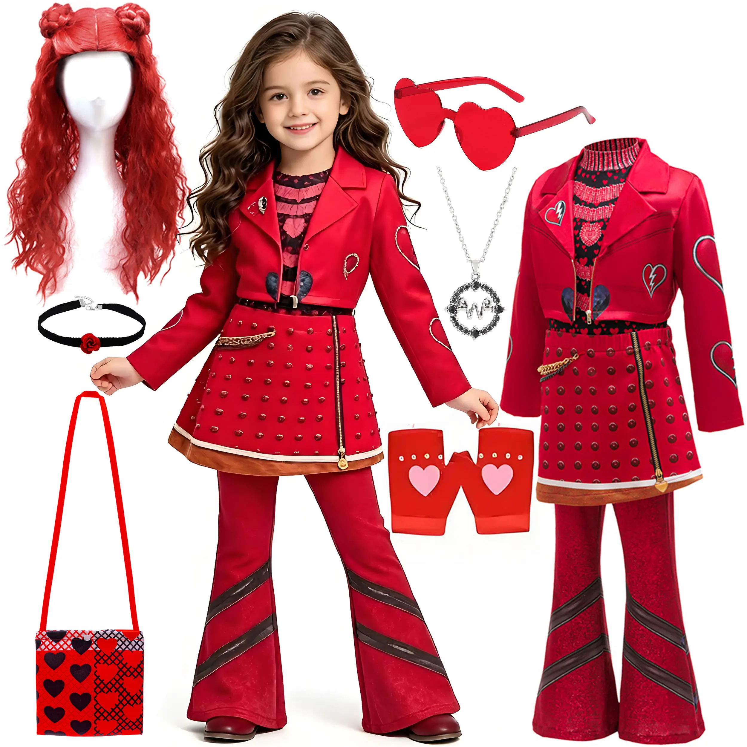 2026 Halloween Carnival Costume Girls Cosplay Red Queen Punk Jacket Pants Accessories Set Carnival Birthday Party Dress Up 2‑10T