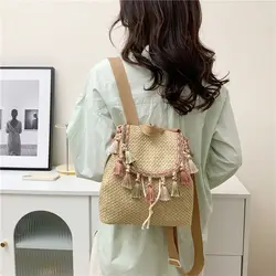 New Woven Straw Backpack Casual Tassel Straw Bag Female Seaside Holiday Beach Bag Bohemian String Travel Bag 2024 for Gift