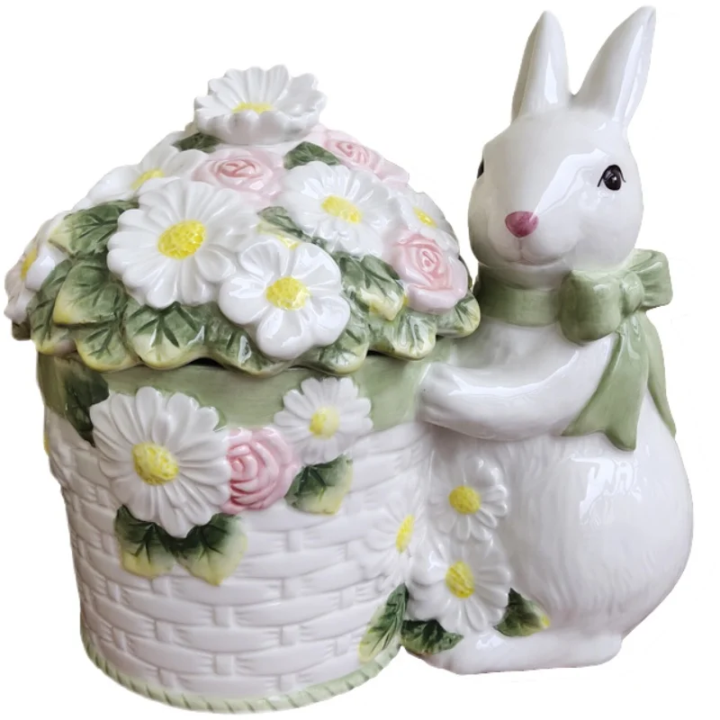 

Nordic style pure hand-painted underglaze color craft ceramic cute rabbit holding flower tube ornament home decoration