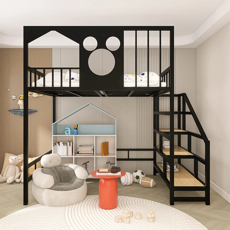 

Children's bed space-saving loft elevated bed simple wrought iron single upper double bed