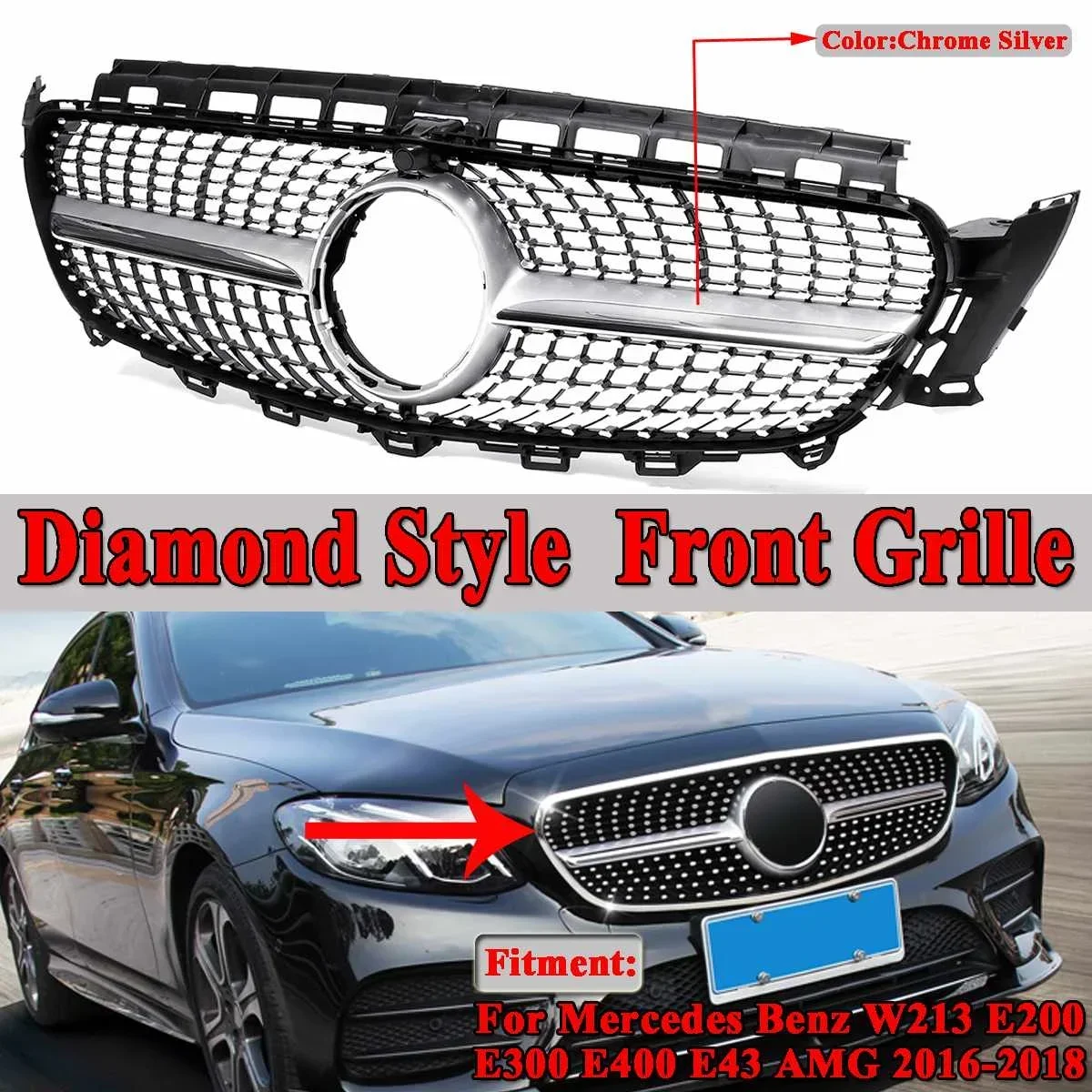 

Diamond Grill Car Front Bumper Mesh Grill Grille For Mercedes For Benz W213 E200 E300 E400 E43 For AMG 2016-2018 Racing Grills