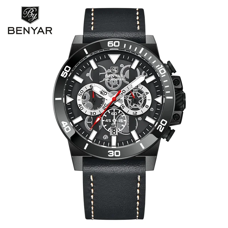 Latest BENYAR Men's Quartz Watch Sapphire Chronograph Waterproof Clock Leather Simple Relogio Masculino Watches BY5197