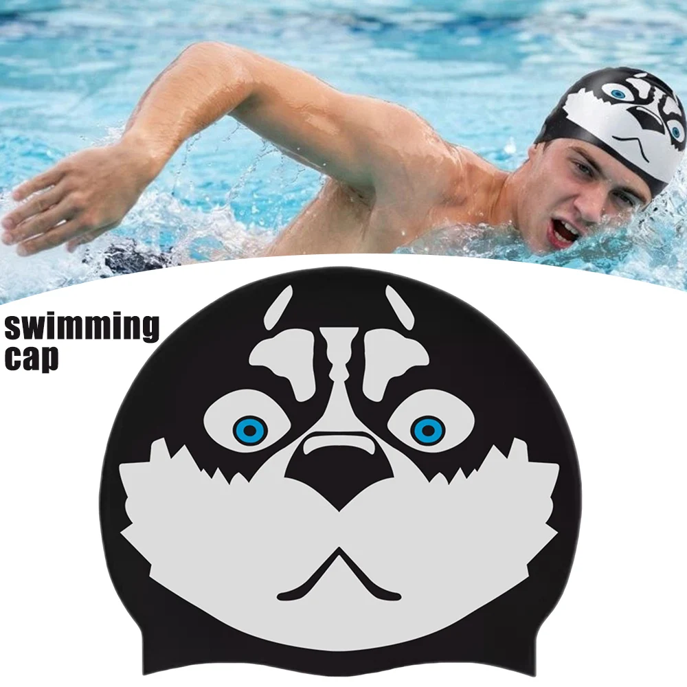 Silicone Swim Cap Funny Husky Print High Elastic Unisex Swimming Cap for Adult Training Pool Large Size Comfort Fit