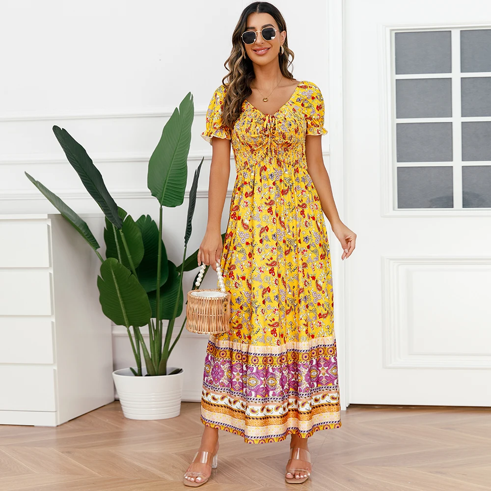 COZOK Women Summer Dresses 2023 Casual Flowy Beach Square Neck Puff Short Sleeve Smocked Back Boho Floral Long Maxi Dress