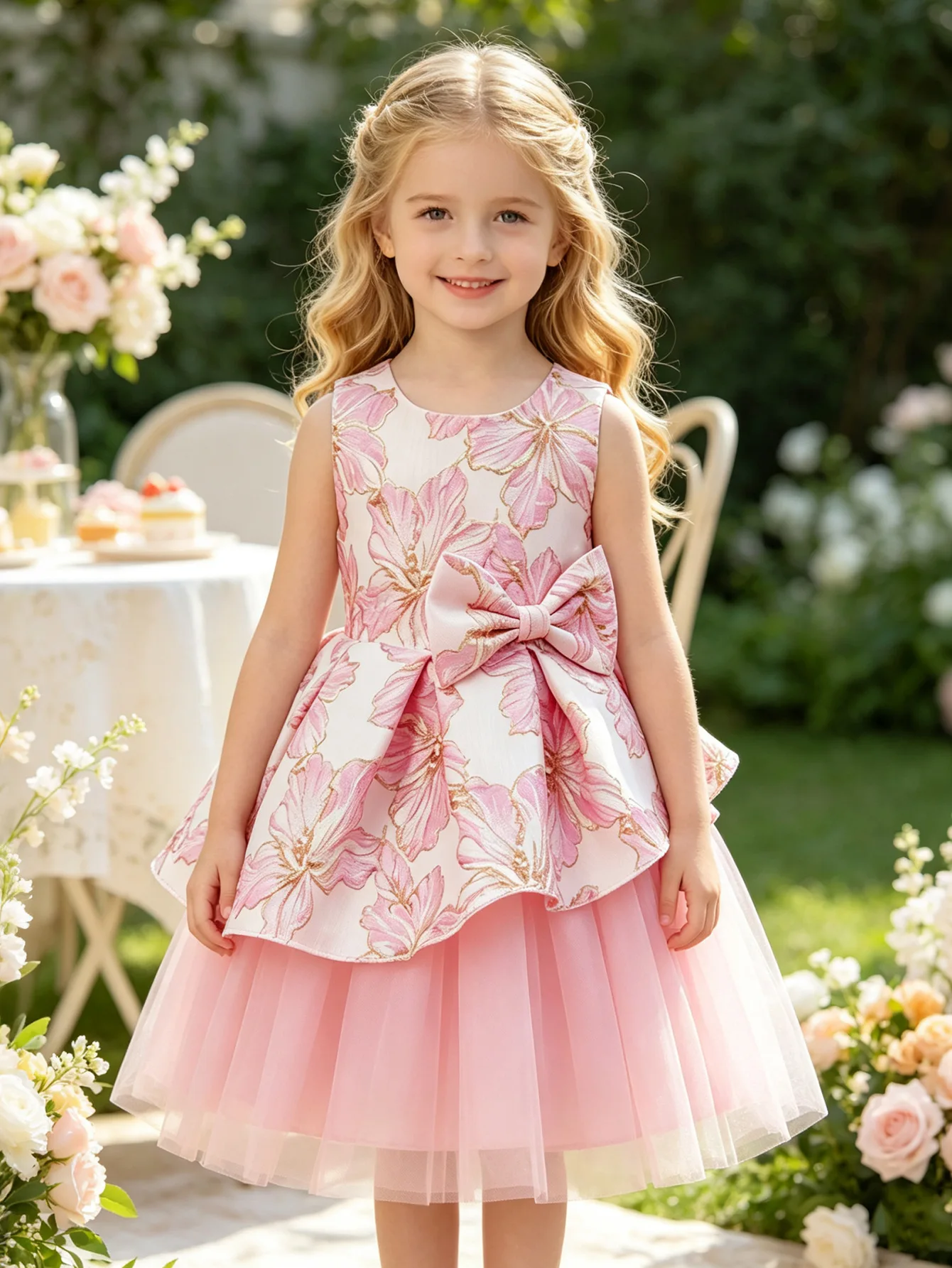 HETISO Princess Girls Floral Dress Pink Mesh Fluffy Sleeveless Kids Birthday Party Ball Gowns Children's Special Occasion
