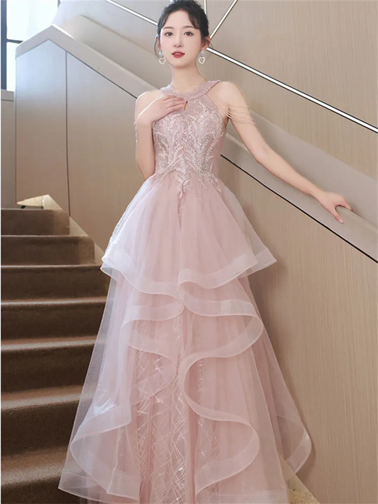 Light Pink Dress Women\'s Clothing Solid Color Patchwork Fringe Applique Sequins Long A-line Skirt Elegant Evening Gown M208