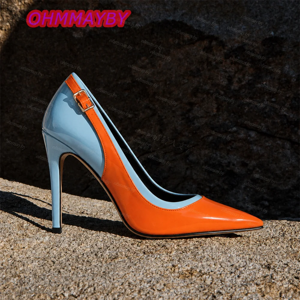 Womens Orange Blue Patent PU Pumps Pointed Toe Buckle Detail Stiletto High Heels Colorblock Pumps Chic Party Wedding Dress Shoes