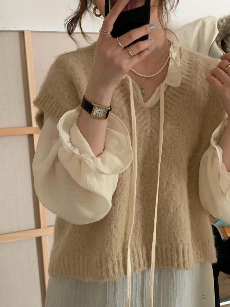 레트로 우드 에지 v 넥 시폰 셔츠 여성 봄 가을 디자인 감각 작은 관객 레이어링 기본 세련된 탑 얇은