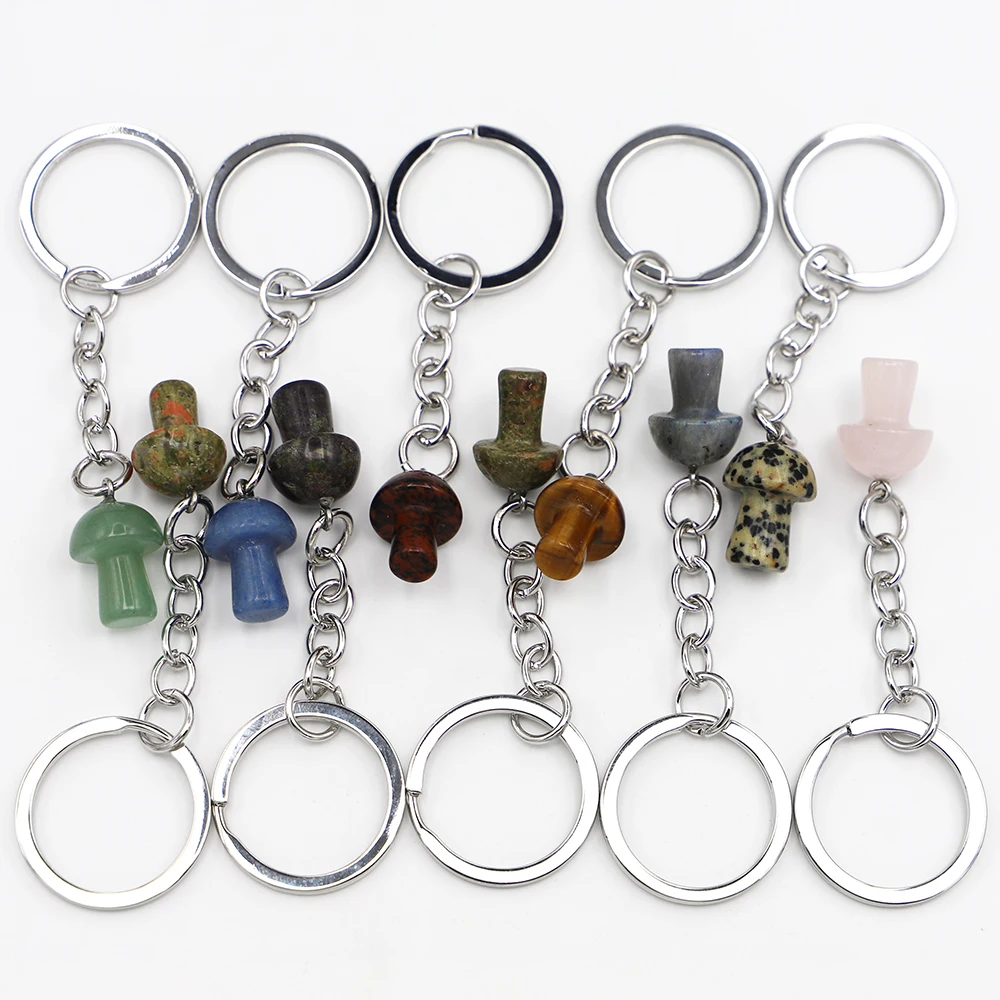 Natural Crystal Agate Mushroom Keychain Bag Hanging Decoration Fashion Cute Keyring Jewelry Accessories Gift Wholesale 10Pcs/Lot